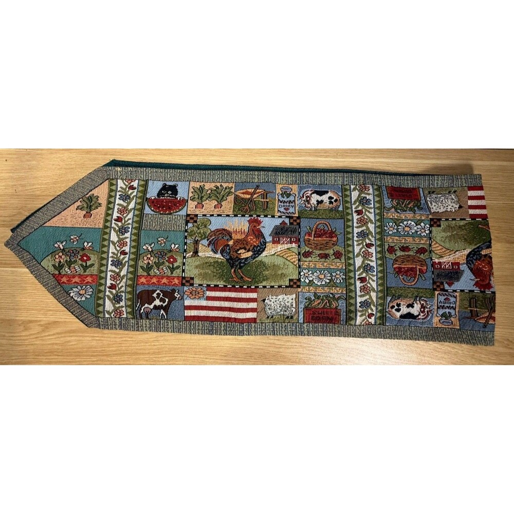 Vintage  Woven Tapestry Table Runner Farmhouse Rooster Cow American Flag 13 x 70